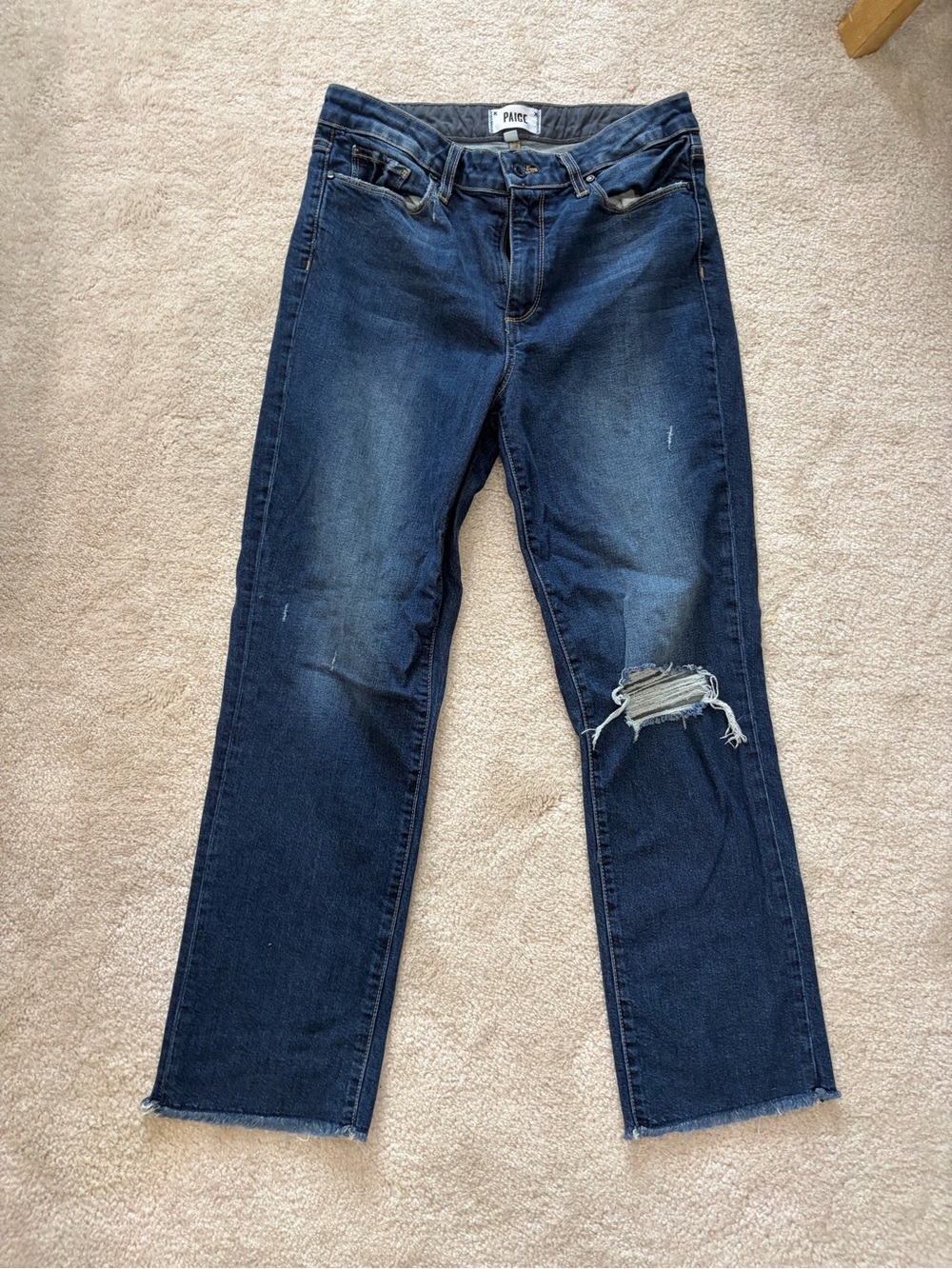 PAIGE Dark Indigo Straight Leg Jeans with Knee Distress